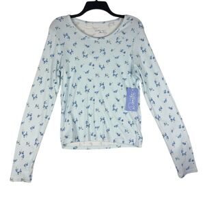 Demetra for Aeropostale Floral Ribbed Long Sleeve‎ Top Light Blue XL NWT